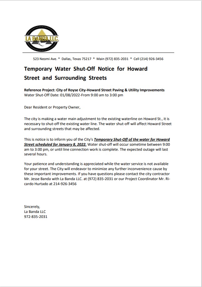 USA Texas La Banda utility water shut off notice, Word and PDF template